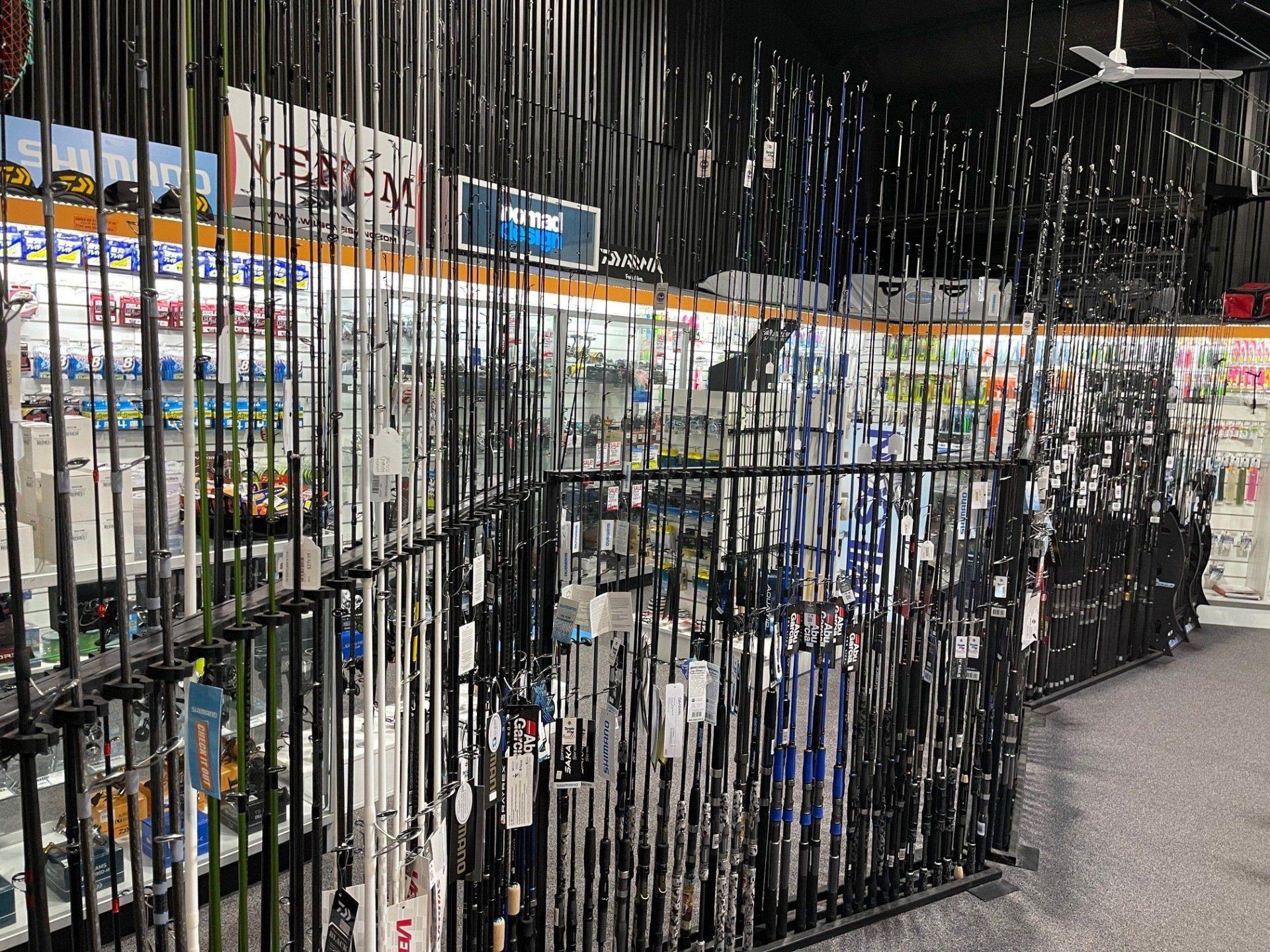 fish rods in store on racks