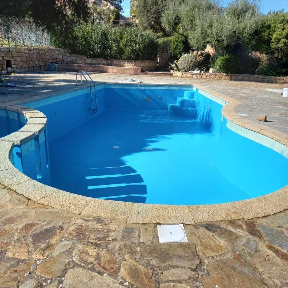 Piscina blu vuota con pavimentazione in pietra e vegetazione circostante, immersa nella luce del sole.