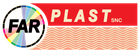 Logo FAR PLAST SNC su uno striscione ondulato rosso e pesca con emblema circolare multicolore