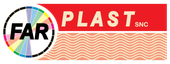 Logo FAR PLAST SNC su uno striscione ondulato rosso e pesca con emblema circolare multicolore