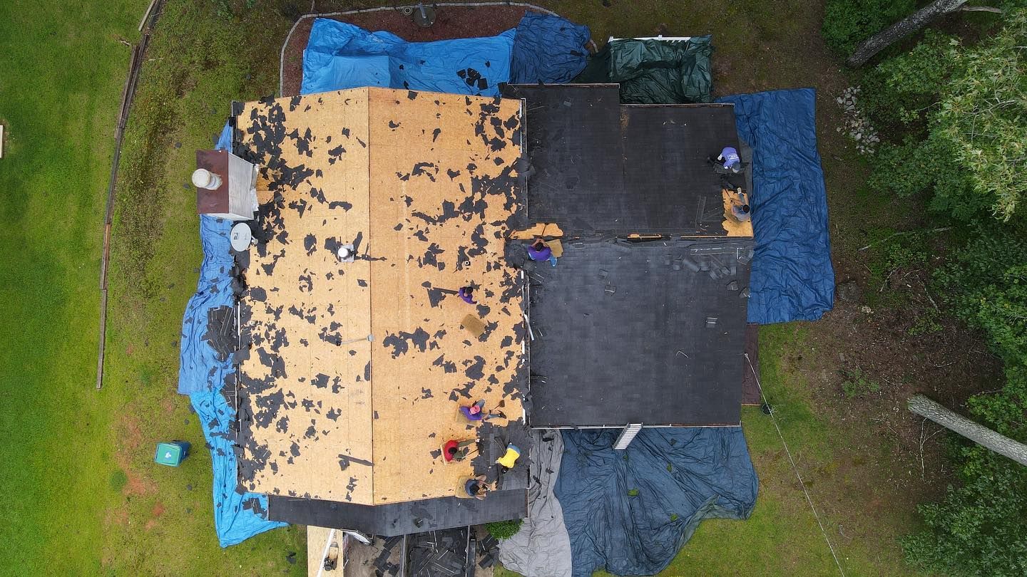 An aerial view of a house being remodeled.