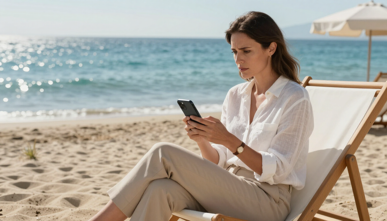 Mujer intentando descansar en la playa de Málaga con un móvil en la mano