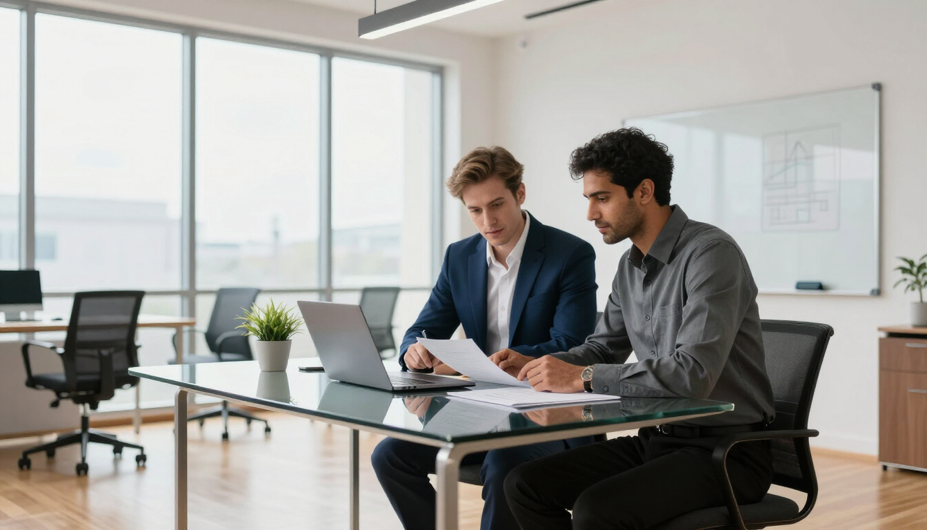 Socios de negocios trabajando en una oficina moderna, representando la figura de persona clave.