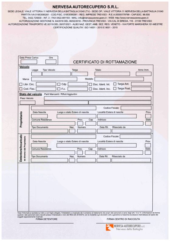 certificato di rottamazione Nervesa autorecupero