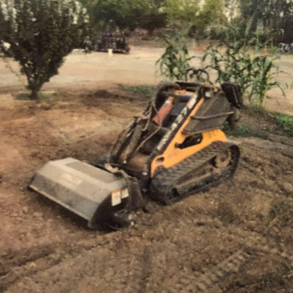 Orange skid-steer loader with a front bucket working on dry dirt in a field with trees.