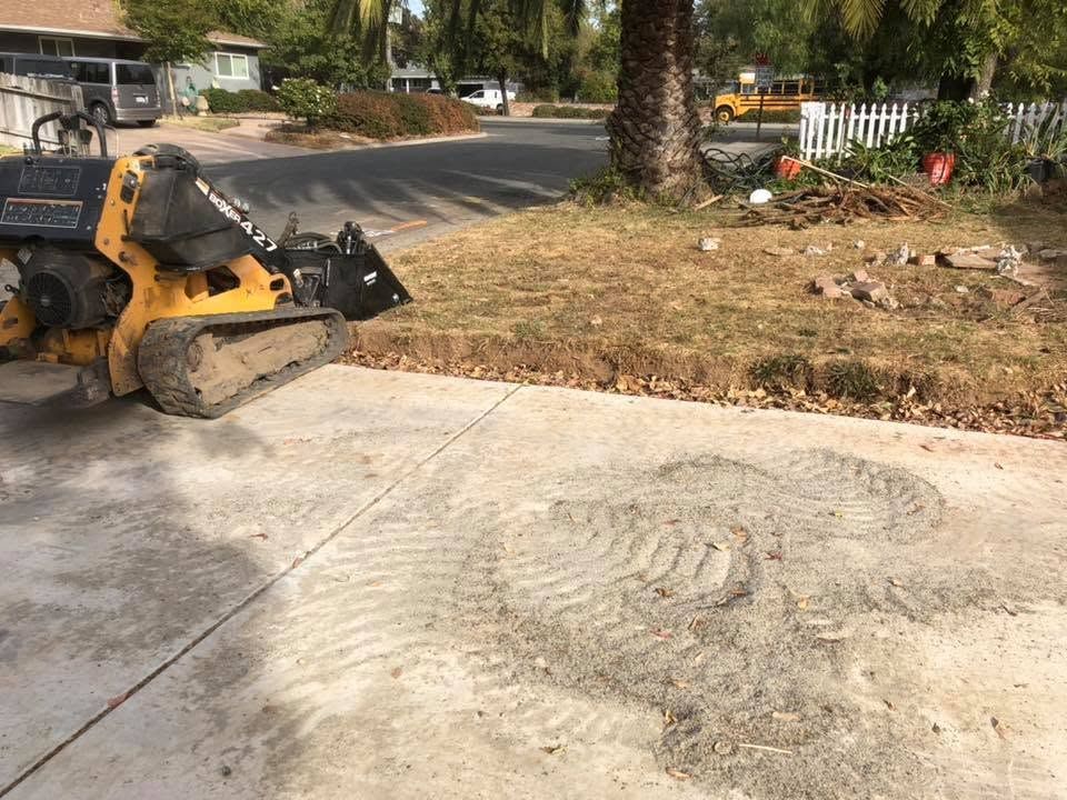 Construction machine smoothing a concrete driveway beside a curb and grassy roadside.