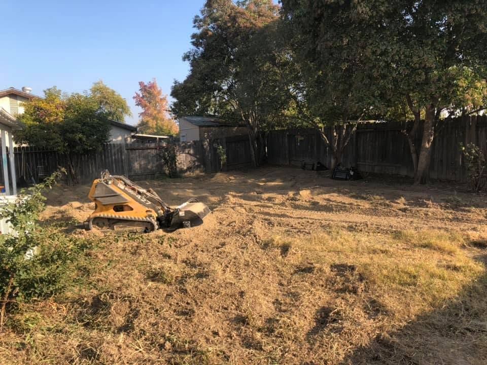 Backyard with a small yellow excavator and a cleared dirt patch under trees and a wooden fence