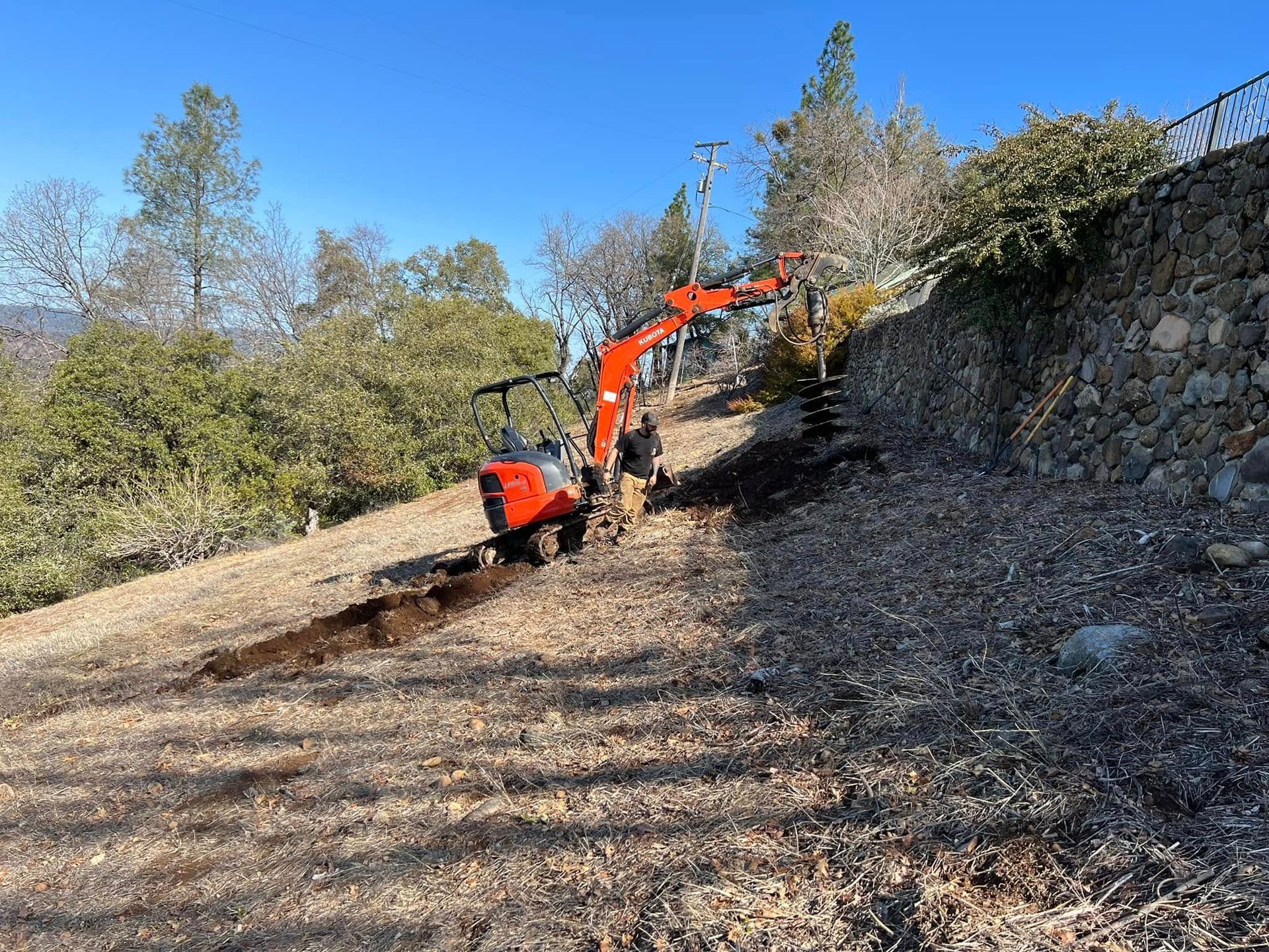 Orange excavator clearing brush on a steep wooded hillside under a clear blue sky.