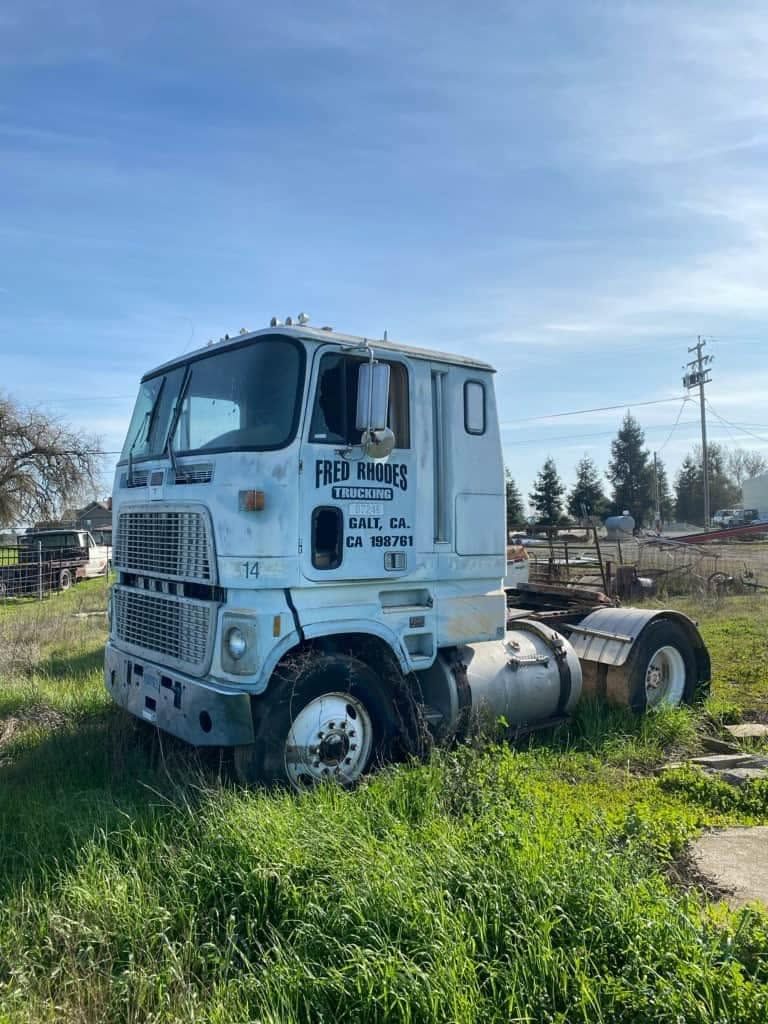 Old white semi-truck cab parked in tall grass under a blue sky