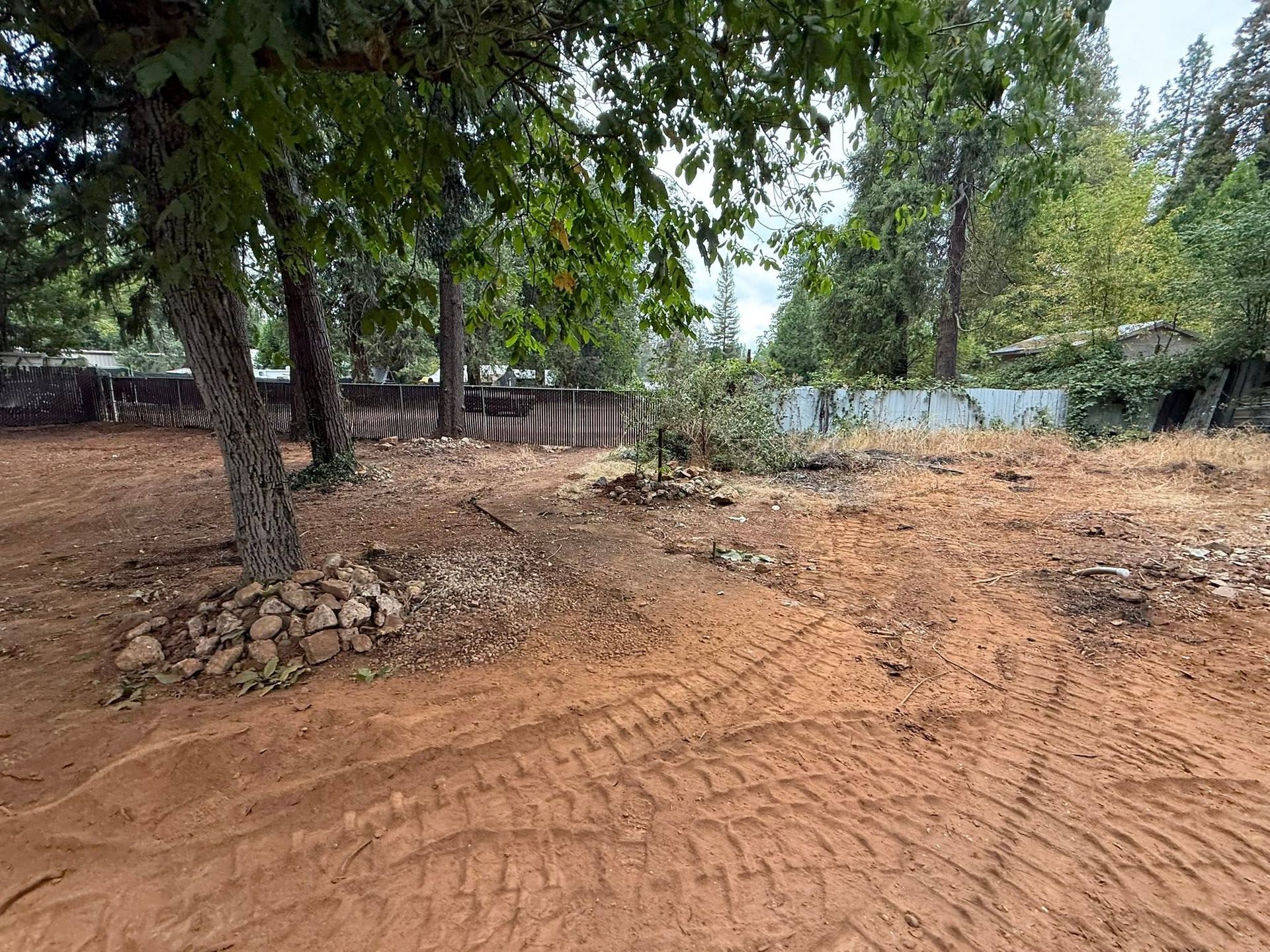 Dirt clearing under trees beside a fence and simple buildings in a rural yard