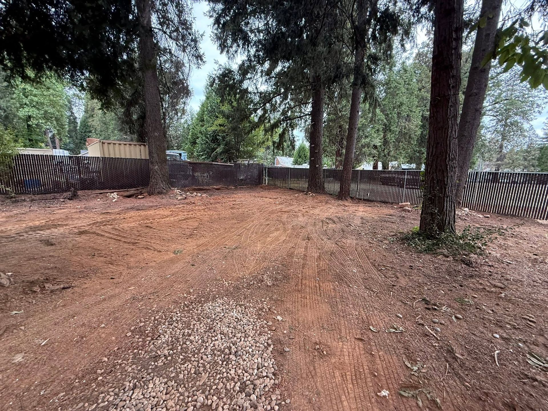 Sandy dirt clearing with trees and a low patterned wall in the background