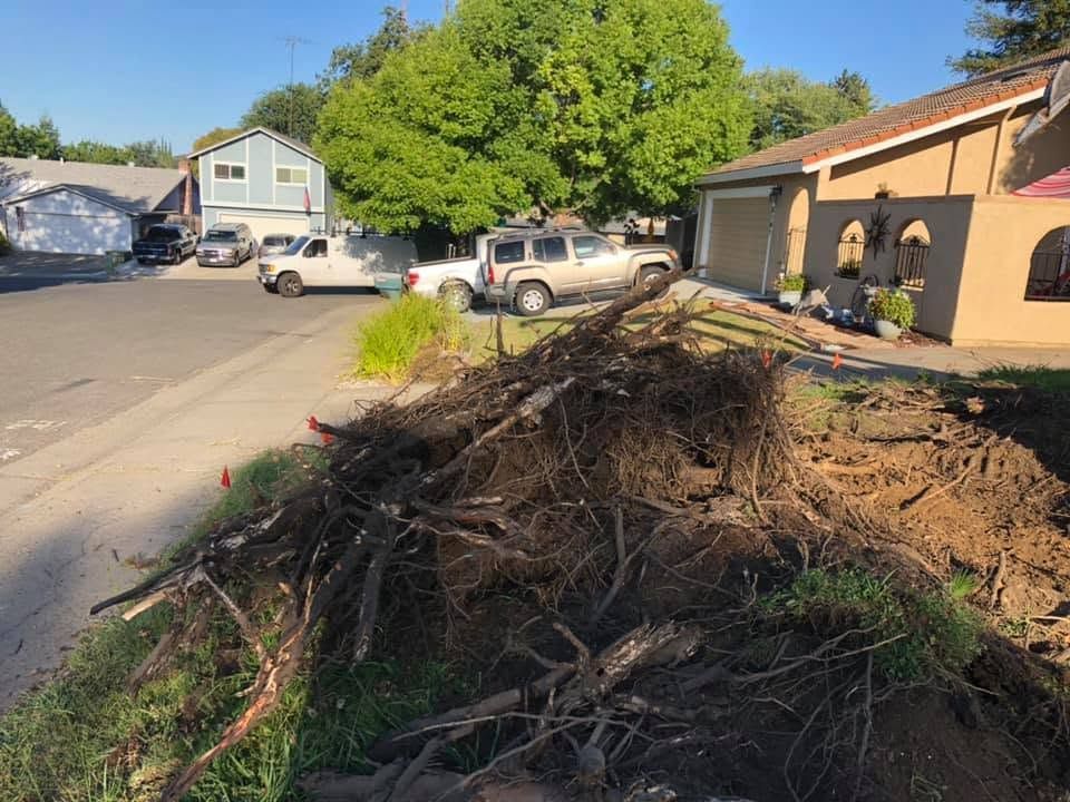 Debris and dirt pile at a construction site beside a building, with parked cars and trees nearby.