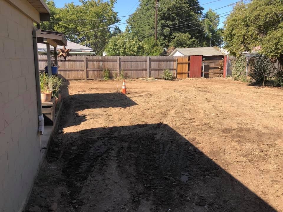 Backyard with bare dirt, fence, shed, and a small orange cone in the distance
