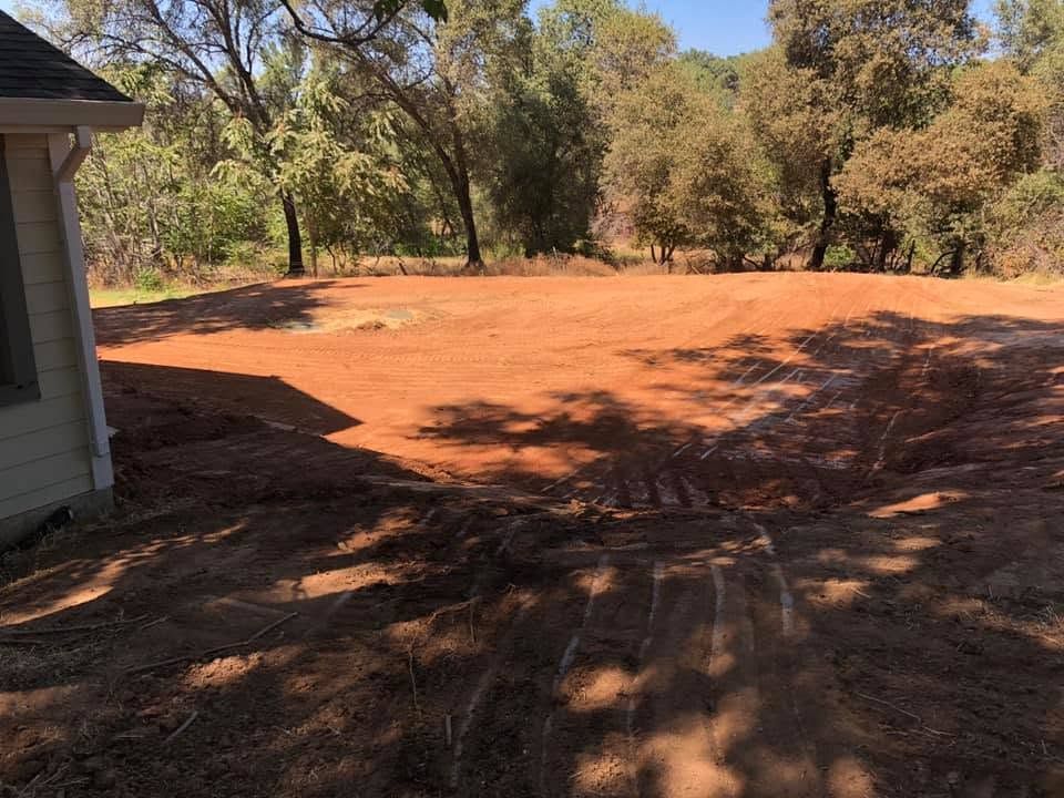Red dirt yard with trees and a house corner in the shade