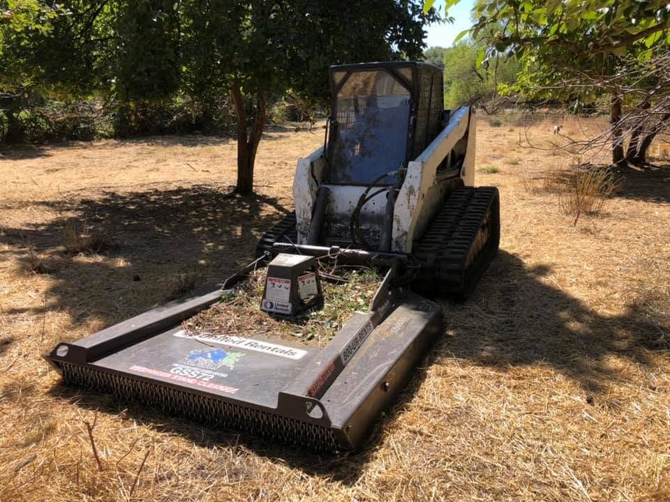Small tracked brush cutter mower parked on dry ground among trees in a wooded area.