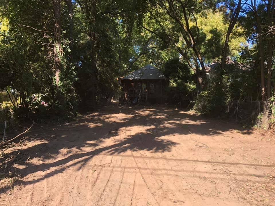 Shaded dirt clearing surrounded by dense trees, with a small structure in the background.