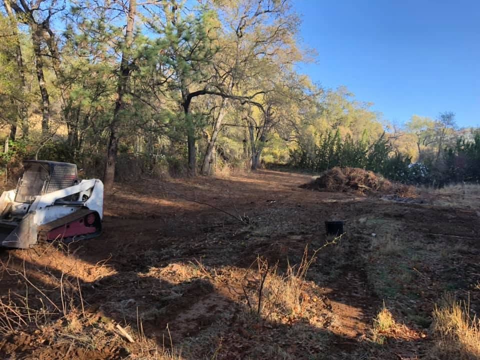 Cleared wooded lot with a pile of brush and a small white utility vehicle at left under a sunny sky