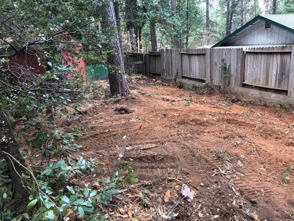 Cleared dirt yard beside a wooden fence and house, with trees and shrubs in a wooded backyard.