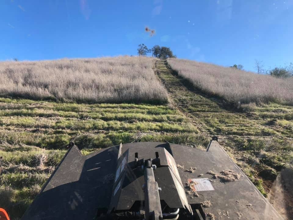 Car driving up a steep grassy hill on a narrow dirt track under a clear blue sky