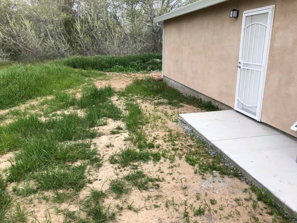 Backyard beside a beige house with a white door, patchy grass, and a concrete patio.