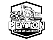 Peyton Land Management logo with excavator, skid steer, and dump truck in a black shield emblem