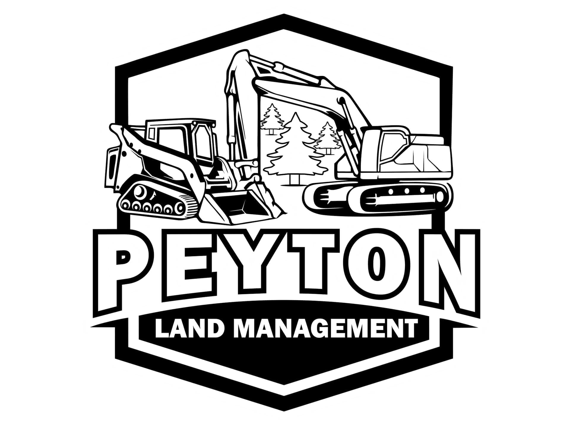 Peyton Land Management logo with excavator, skid steer, and dump truck in a black shield emblem