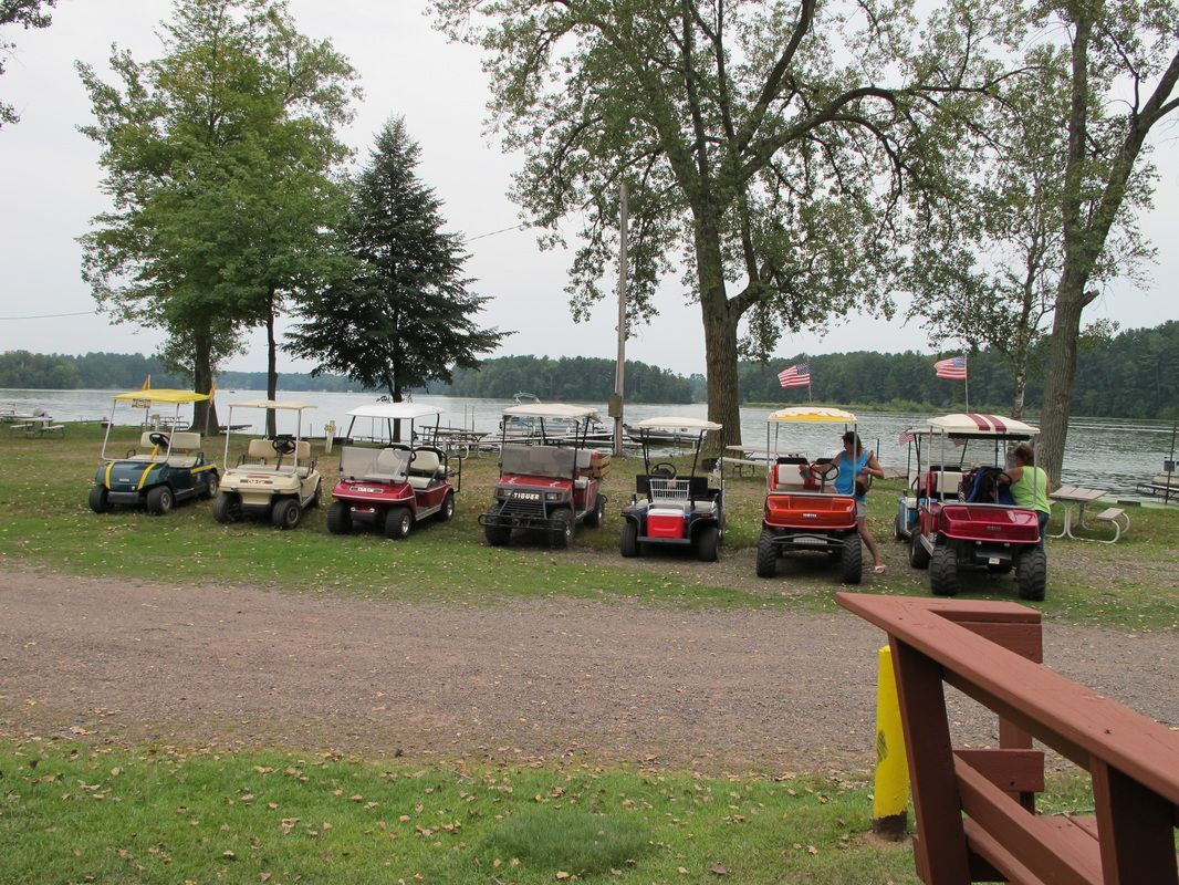 Row of colorful golf carts parked on a gravel lot by a lake under trees and cloudy skies