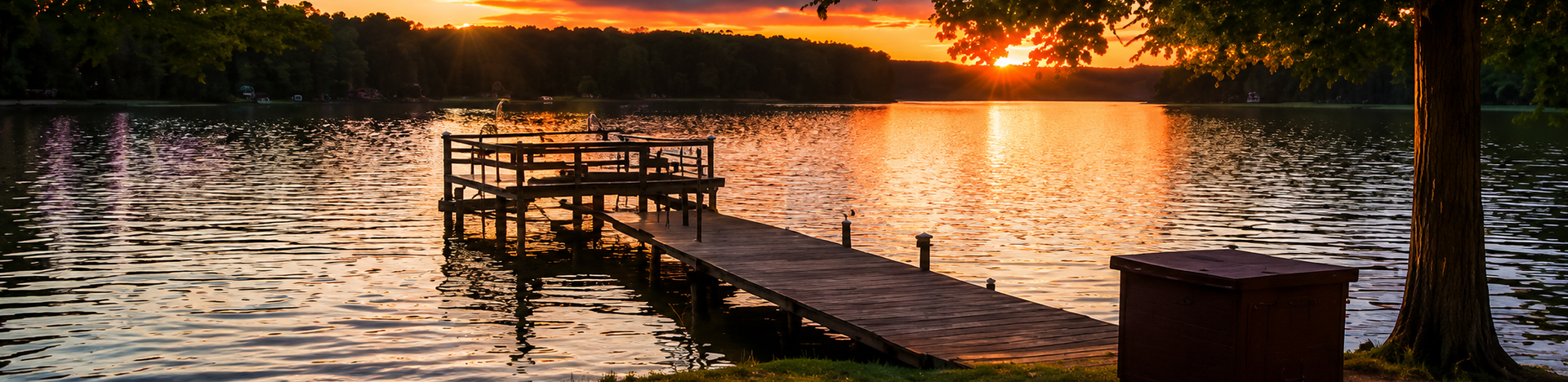 Sunset over a lake with a wooden dock and calm reflections on the water