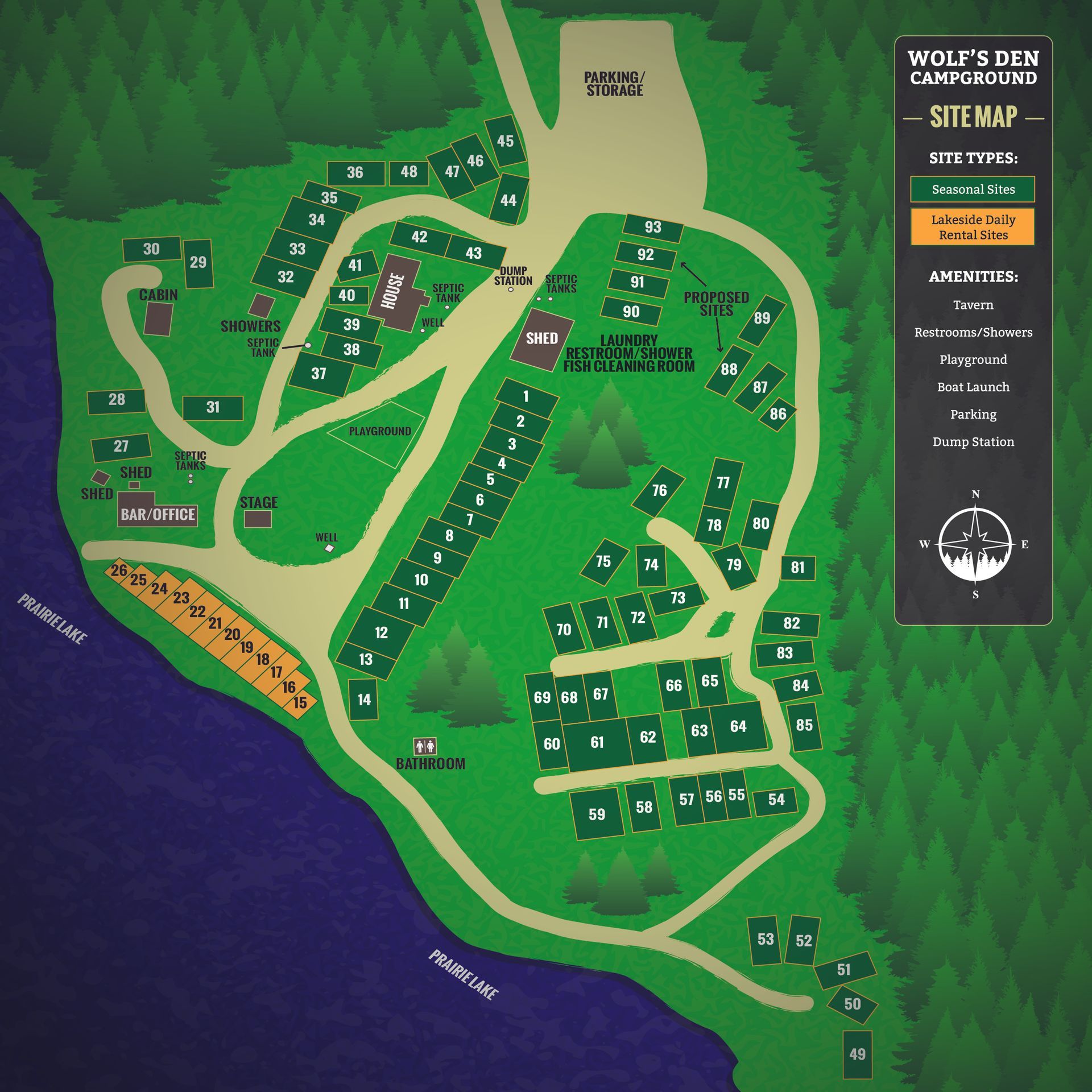 Wolf’s Den Campground site map showing roads, campsites, lake, forests, and amenities