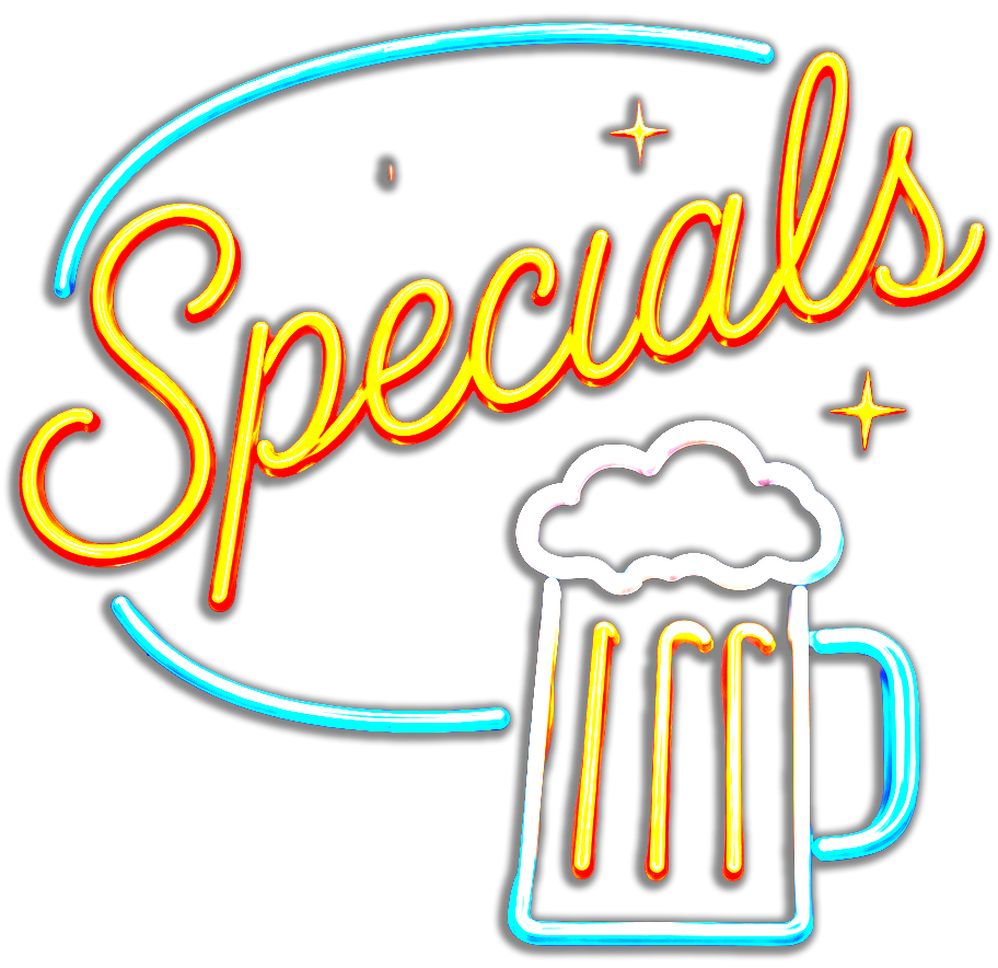 Neon-style “Specials” sign with a beer mug and stars on a white background