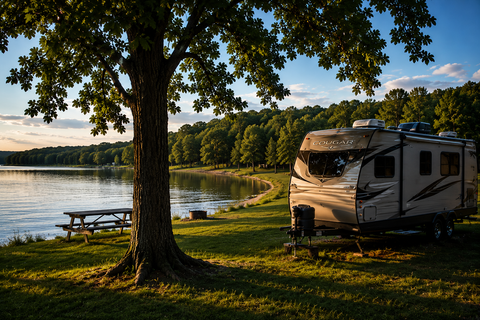 Campsite beside a calm lake at sunset, with a tree in the foreground and an RV parked on the shore.