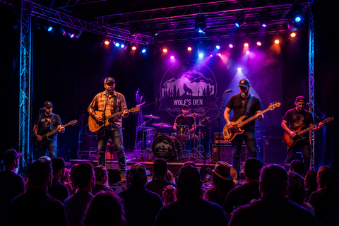 Live band performing on a purple-lit stage with guitars, drums, and audience silhouettes in front