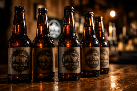 Five beer bottles on a wooden table in a dimly lit bar, with warm bokeh lights in the background
