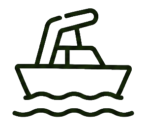 Simple black outline of a boat on wavy water