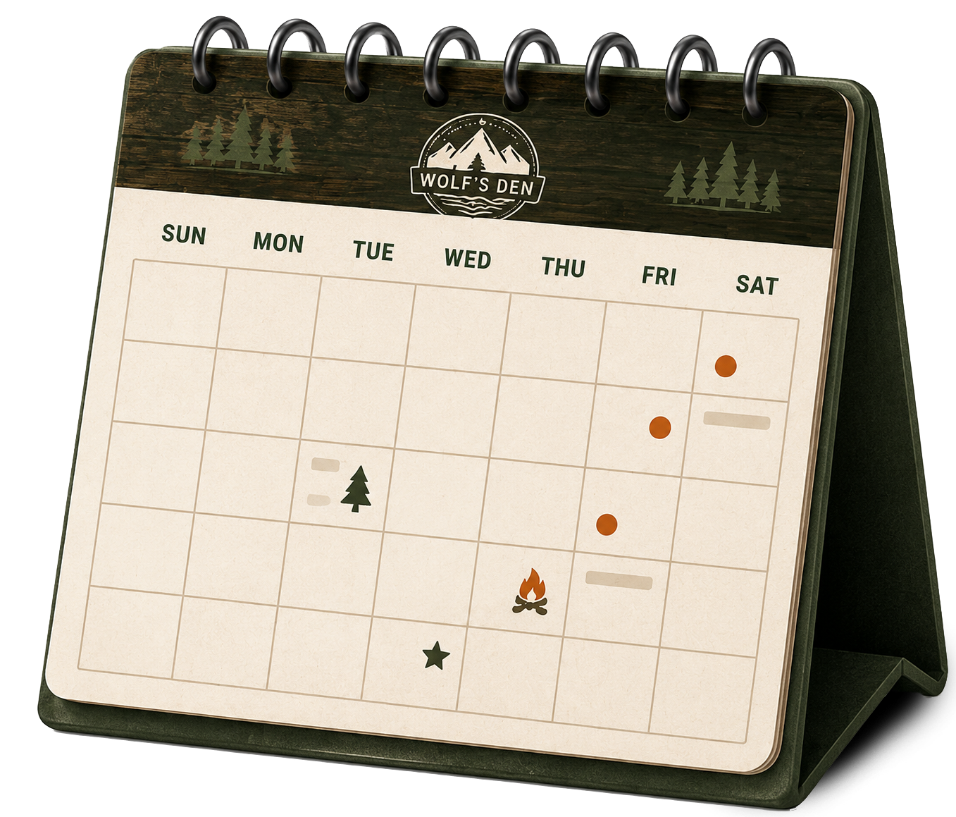 Desk calendar with a grid of dates and small seasonal icons on a dark green stand