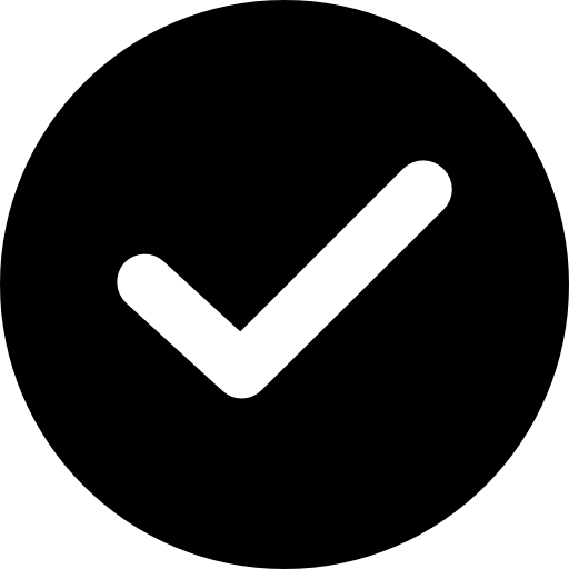 White checkmark in a black circle icon.