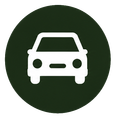 White car icon on a dark green circular background