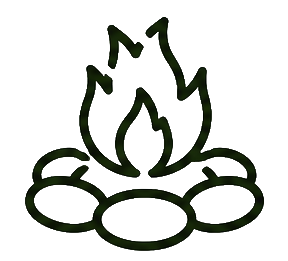 Black outline campfire icon with flames over rocks