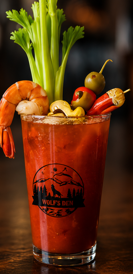 Bloody Mary cocktail with celery, olives, shrimp and a lemon wedge in a tall glass