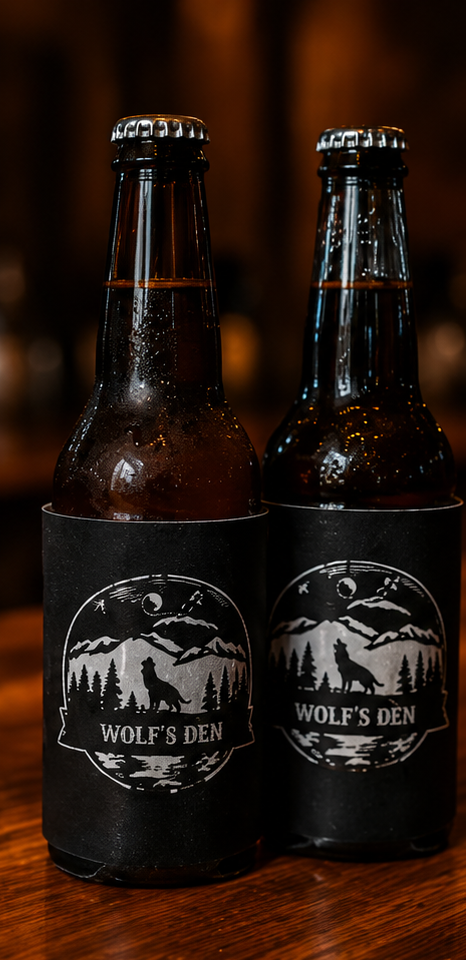 Two dark beer bottles labeled “Wolf’s Den” against a warm, blurred background