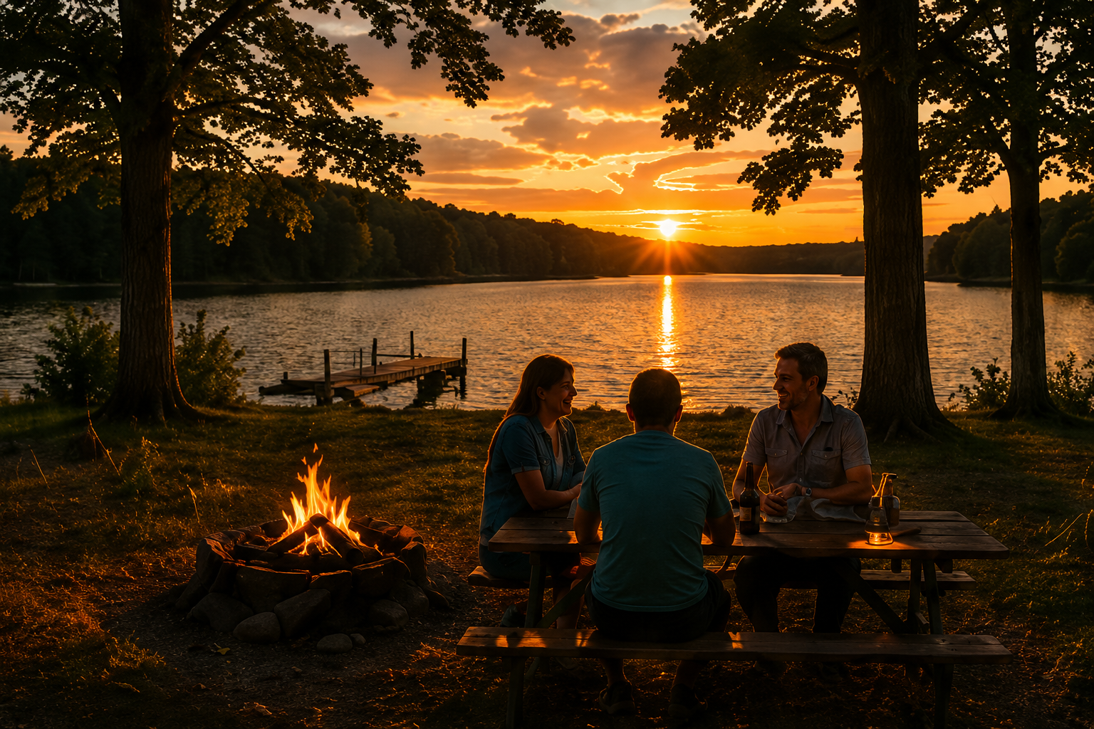 Friends gathered around a campfire by a lake at sunset, with canoes and glowing orange sky.