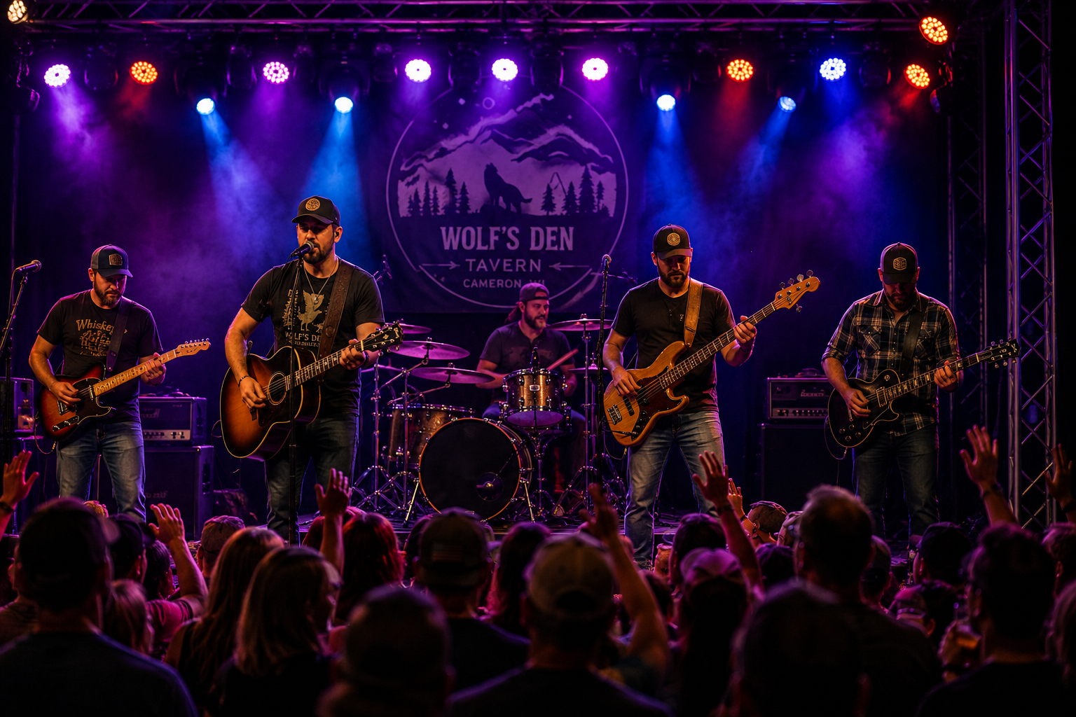 Rock band performing onstage under purple lights with a crowd in front