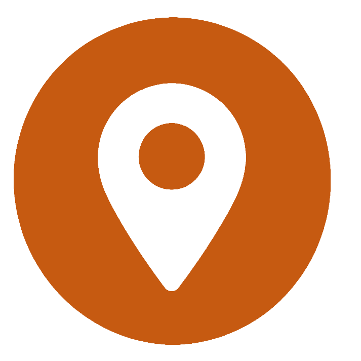 Orange location pin icon in a circle on a white background