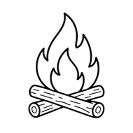 Black line drawing of a campfire with flames above crossed logs