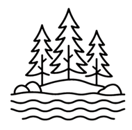 Black line-art of pine trees on a snowy hill above wavy water lines