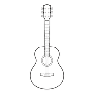 Black-and-white line drawing of an acoustic guitar, front view, with six strings and tuning pegs.