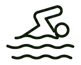 Black swimmer icon above wavy water lines, showing a person doing the breaststroke