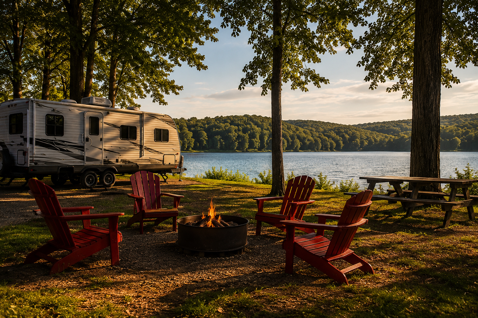 Campfire and red chairs under trees beside a lake, with an RV parked nearby at sunset.