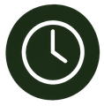 White clock icon in a dark green circle, showing a time reminder symbol