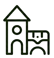 Simple line icon of a house next to a child’s face with a pacifier